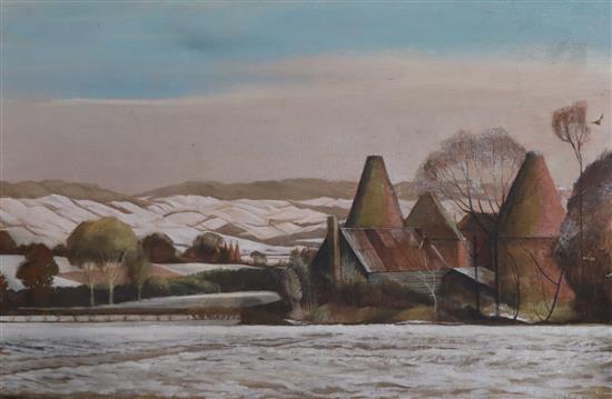 Stark, oil on canvas, Oast house in a winter landscape, signed, 50 x 76cm, unframed